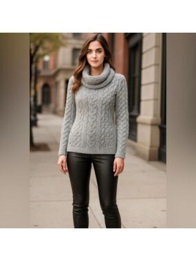 Aran Mor Merino Wool Ireland Cozy Gray Cable Knit Turtleneck Sweater Sz M
